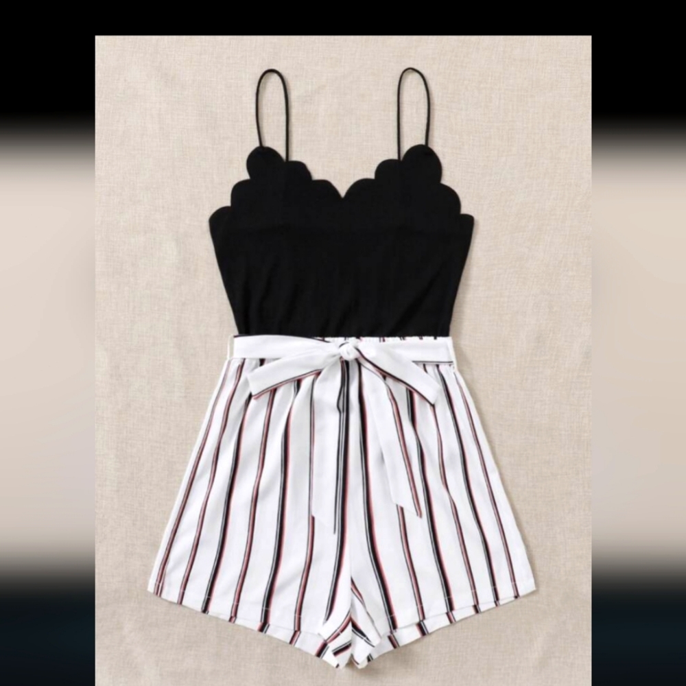 Shein VCAY Striped Scallop Belted Romper